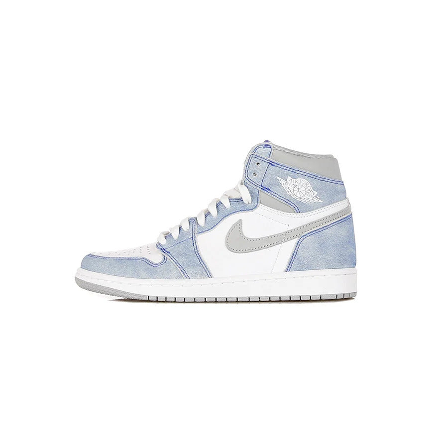 Nike Air Jordan 1 Retro High OG "Hyper Royal" high-top sneaker in the white base leather colorway, tie diy light blue overlays and details such as the gray side Swoosh