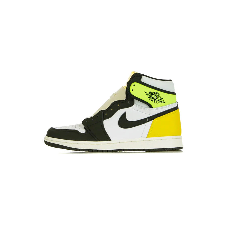 Nike Air Jordan 1 Retro HI OG “Volt” high-top sneaker in the white black yellow colorway and high collar detail in neon yellow