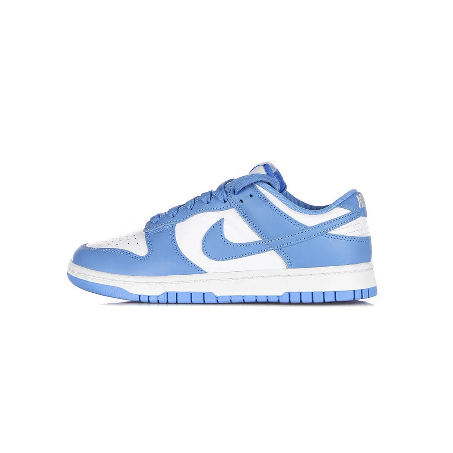 Silhouette of the Nike Dunk Low UNC low sneaker in the white/light blue "University Blue" colorway in honor of the colors of the University of North Carolina