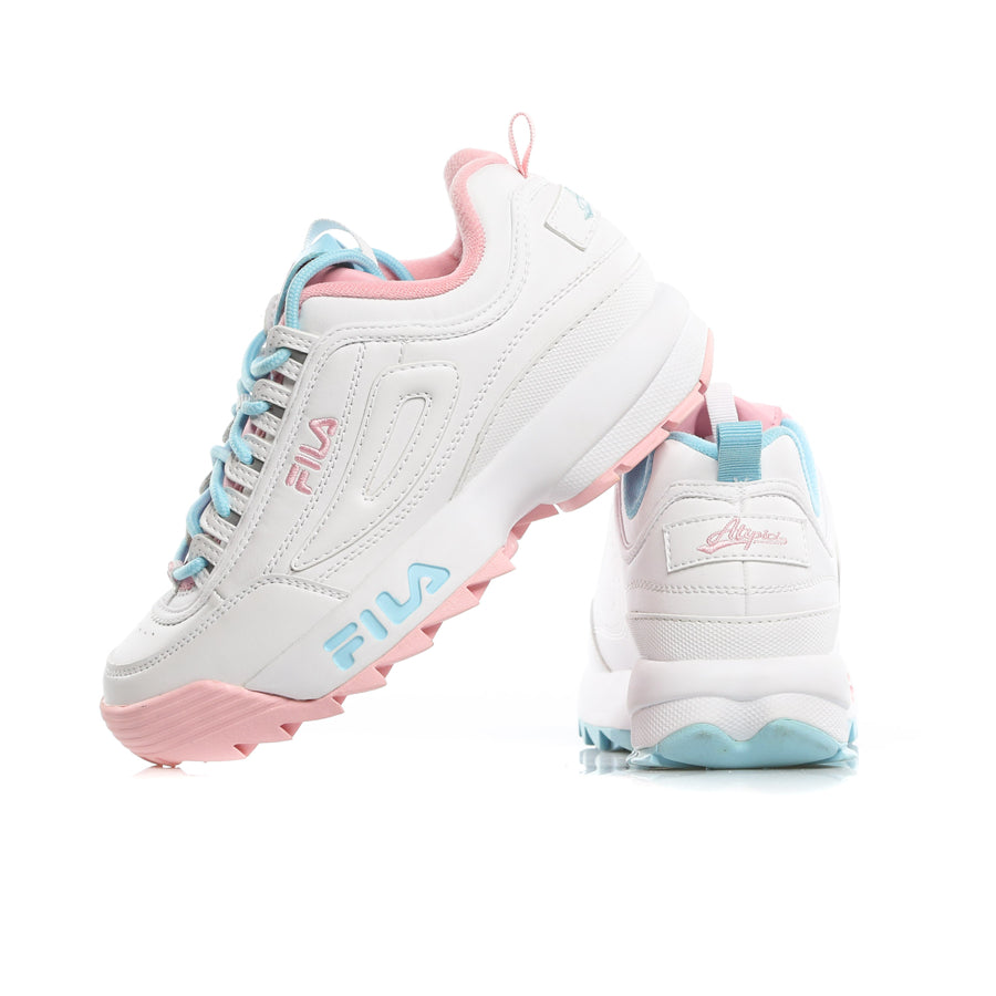 Pair of Fila x Atipici Disrutor "The Candy Shop" sneakers in the color for Her with white leather base and mismatched colorway with light blue and fluorescent pink details