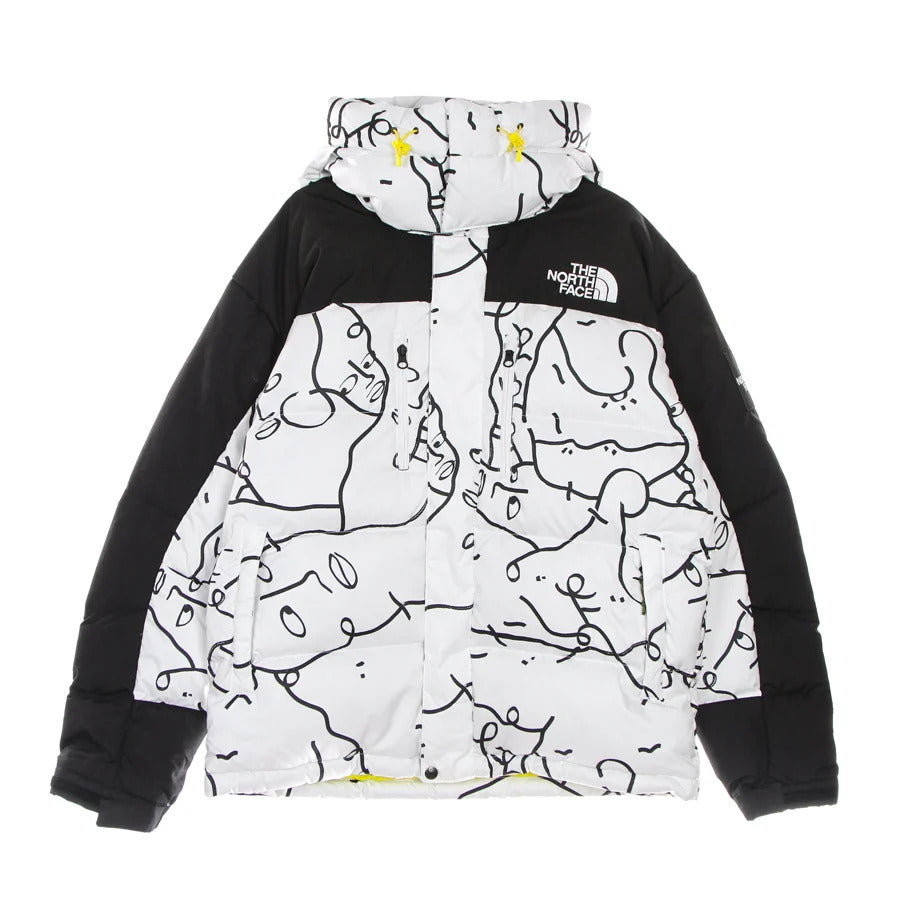 The North Face x Shantell Martin Himalayan Parke padded winter down jacket with full body illustration of stylized faces in one line style