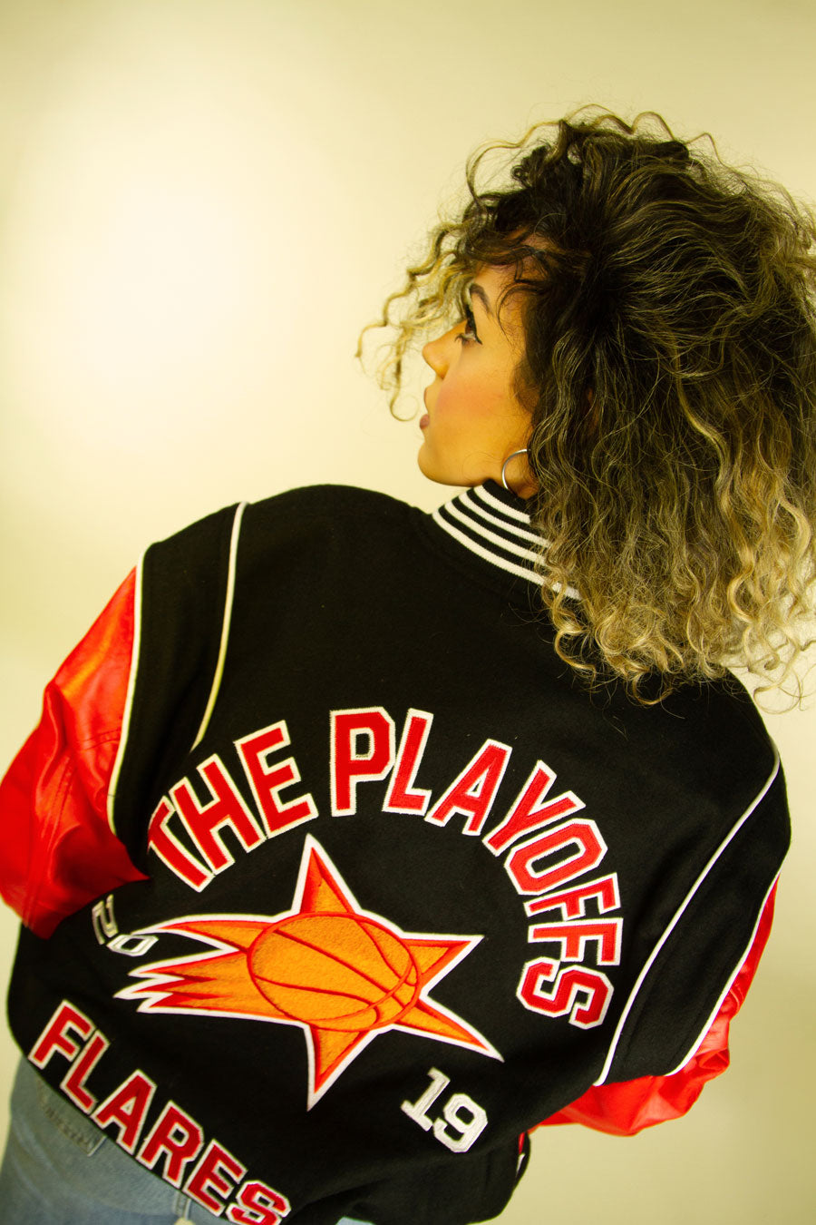 the playoffs flares mvp varsity jacket, college-style streetwear jacket with official basketball team patches embroidered on the back with the name and meteora ball logo and the year the team was founded