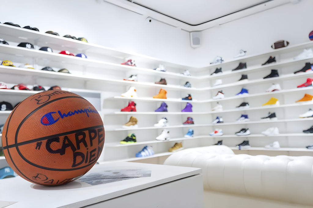 Pallone da basketball originale Champion con scritto Carpe Diem in pennarello nero e firmato dalla crew di streetball italiana DaMove, esposto all'interno dello store di abbigliamento, scarpe, cappellini ed accessori US Sport di The Playoffs Torino in via Roma 220