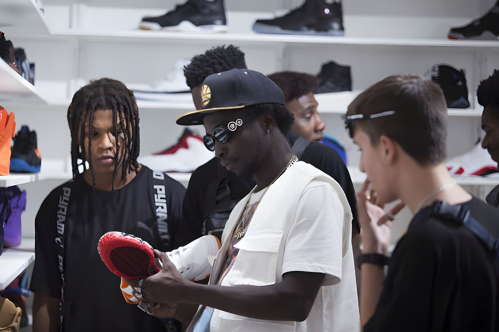 Ragazzi vestiti in stile street guardano una delle basketball sneakers esposte durante l'inaugurazione del negozio di abbigliamento sportivo americano di The Playoffs Torino in via Roma 220