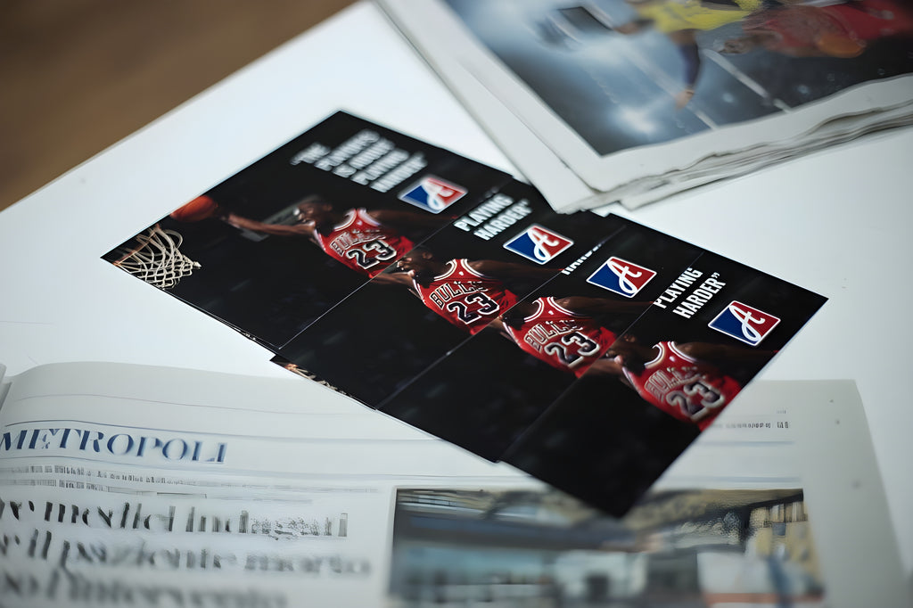 Postcards from The Playoffs Store with an image of Michael Jordan dunking a basket, the words "playing harder" and The Playoffs logo placed on a table inside the store during the inauguration of The Playoffs Torino, in via Roma 220