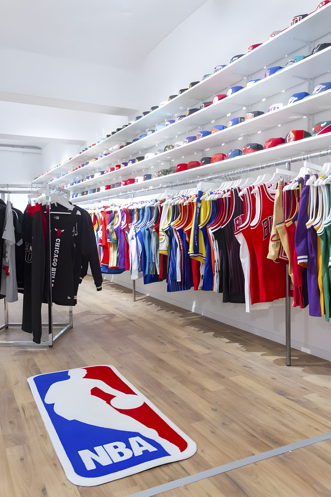 Interior of The Playoffs Torino shop in Via Roma 220 with official NBA tank tops and jerseys from the best American basketball teams