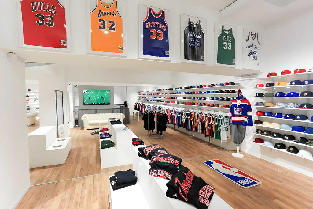 Interior of The Playoffs Store Turin in via Roma 220, the shop dedicated to American sports fan gear including NBA jerseys of the top players, team caps and all the best clothing and basketball sneakers