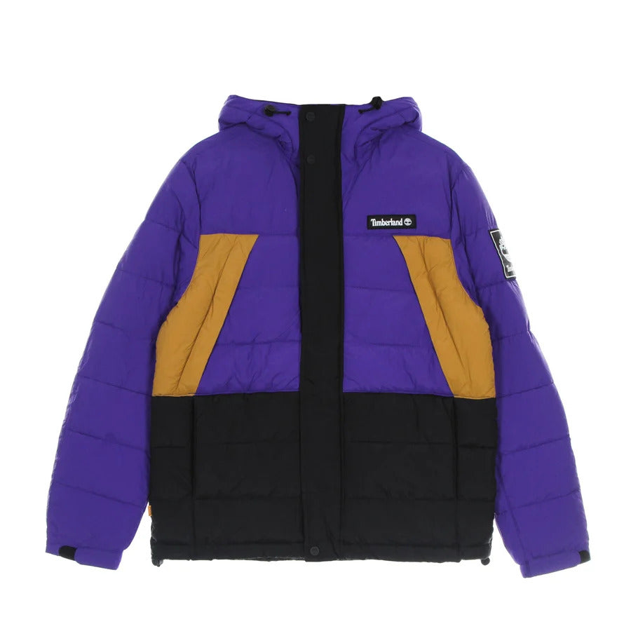 Giaccone invernale imbottito piumino Timbewrland Puffer Jacket in colorway a tre colore top viola, bottom nero e tasche frontali laterali beige