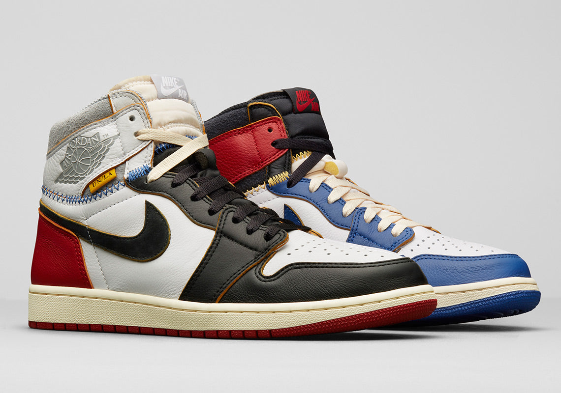 Pair of sneakers, Air Jordan 1 x Union, mismatched colorway white/black/red/blue