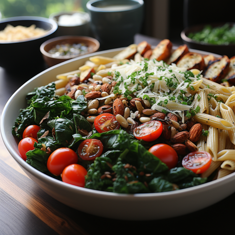 Chestnut Mushroom and Kale Pesto Pasta Salad