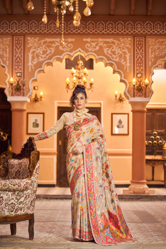 Buy Fashila Self Design Bollywood Silk Blend Cream Sarees Online