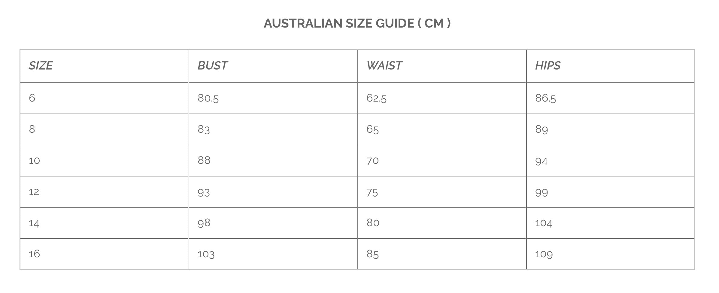 Australian Size Guide - KRUIZ