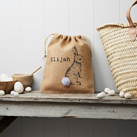 Personalied hessian easter sack printed with rabbit print and name