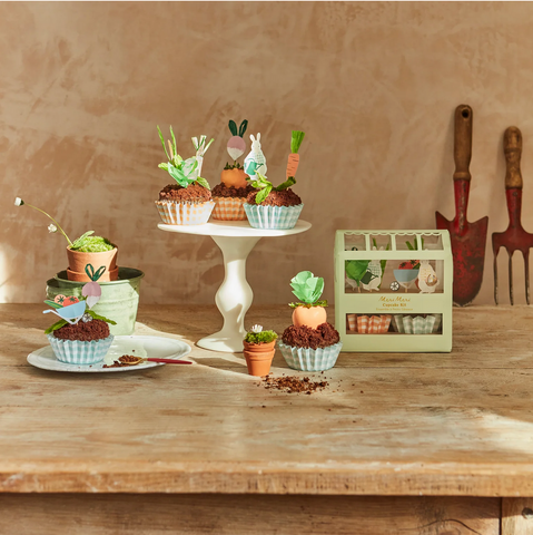 Easter Table setting featuring Bunny Greenhouse Cupcake Kit