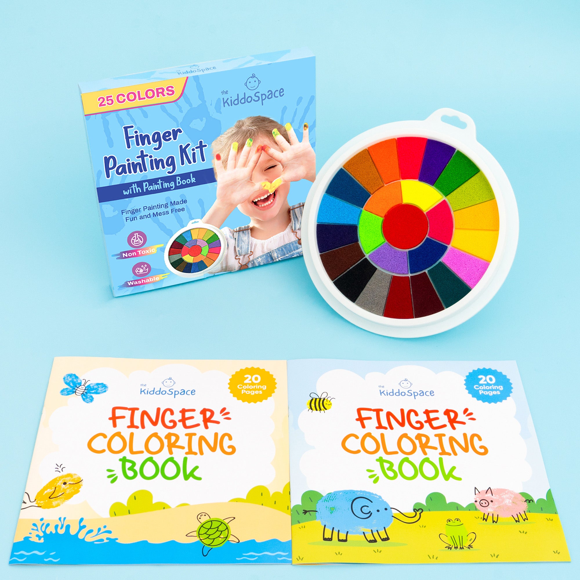 KiddoSpace Finger Painting Kit for toddlers - Non Toxic Washable 25-Color  Set With Toddler Friendly Art Book - Kids washable finger paint - Mess Free