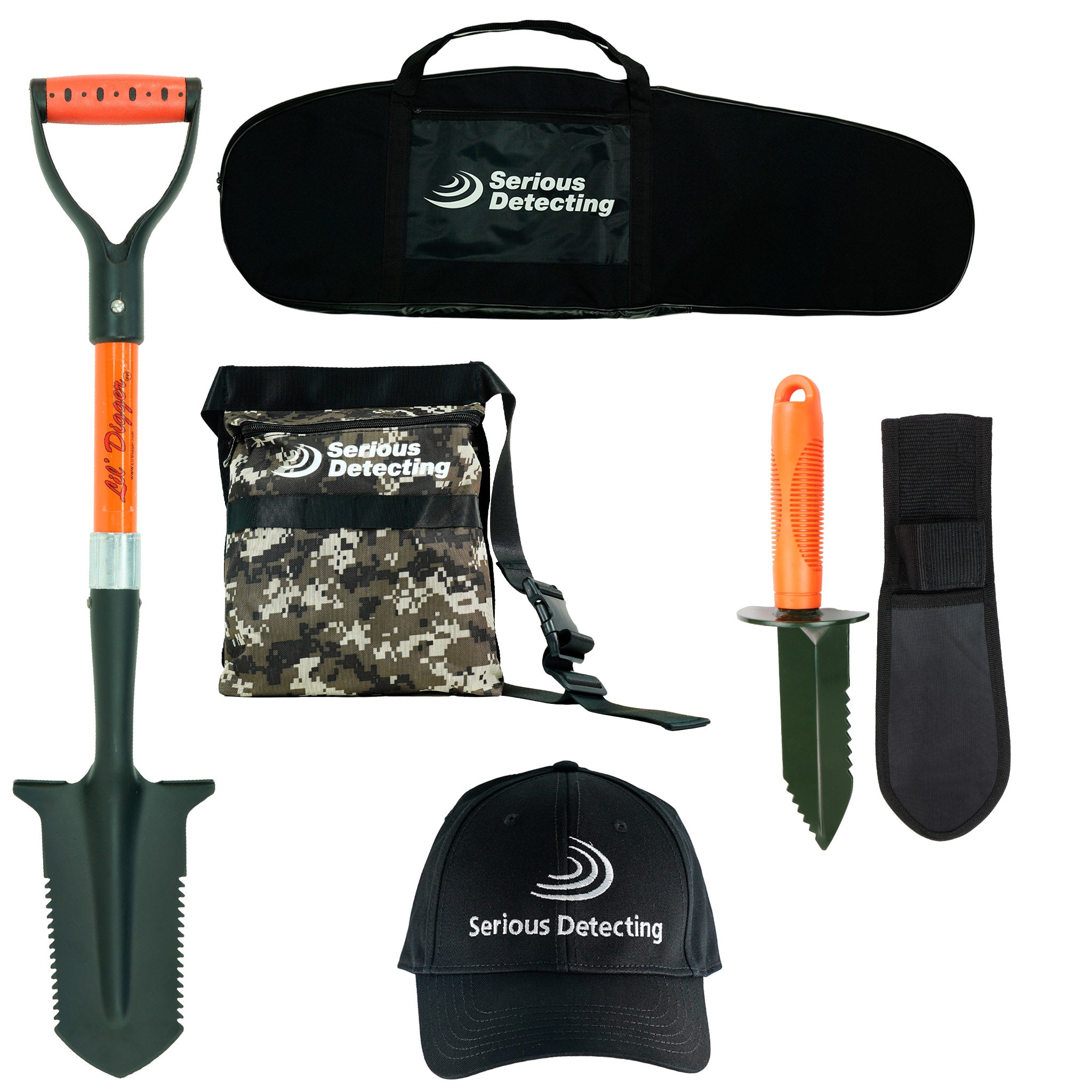 Serious Detecting Kit: Pouch, Carry bag, Cap, Digger & Shovel for Treasure Hunting