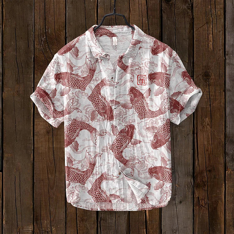 Product Image for Vintage Fisch-Hemd aus japanischer Kunst-Leinenmischung, Rot / XL