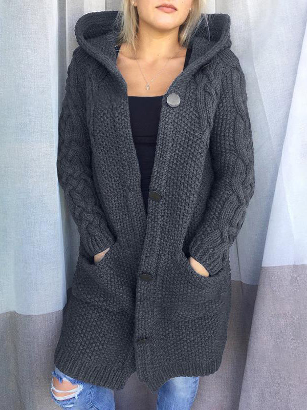 Product Image for Heidi-Mode | Frauen Strickjacken Einfarbig Ein-Knopf Tasche Kapuze Strickjacke, Dunkel_Grau / 2XL