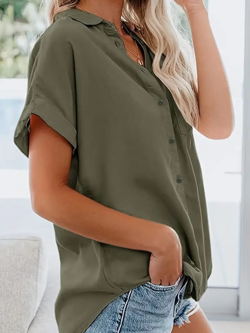 Product Image for Heidi-Mode | Bluse mit Kurzen Ärmeln, Kragen und Knöpfen Olive Green, S / Oliven grün