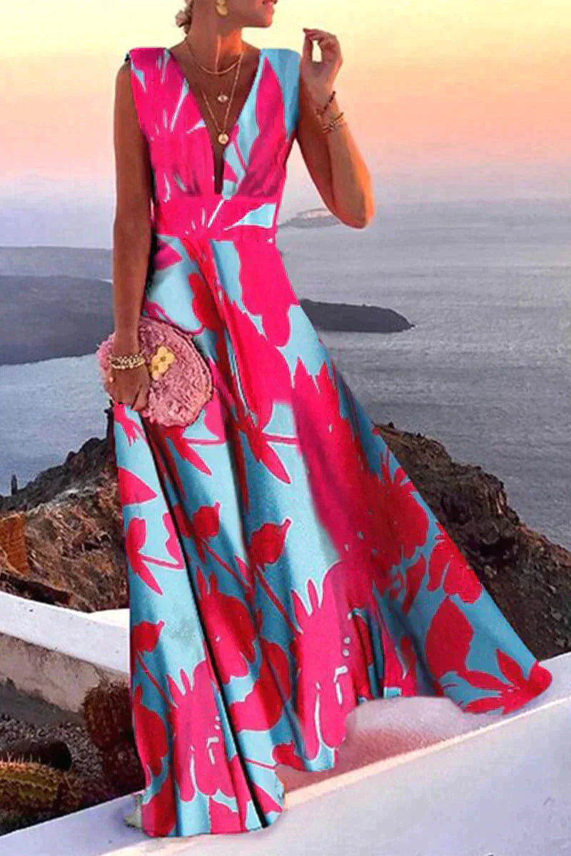 Product Image for Diepe V-hals Lange Galajurk, Roze/Blauw / 2XL