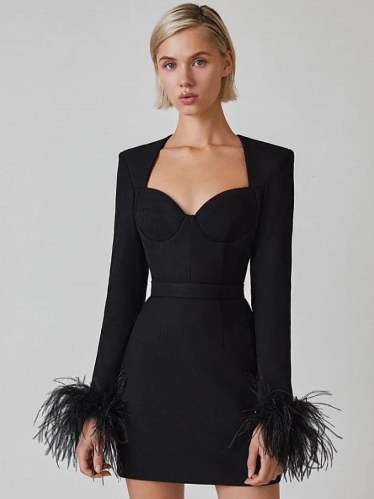 Product Image for Heidi-Mode | Langärmliges Kleid mit Federn, Schwarz / L