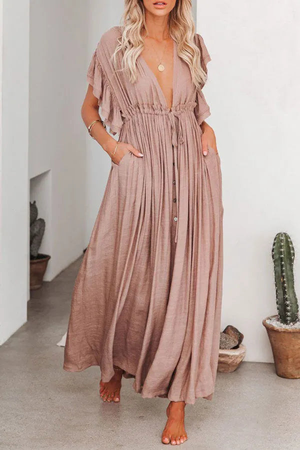 Product Image for Fairy Air-Kleid mit V-Ausschnitt und Rüschenärmeln, Khaki / Einheitsgröße