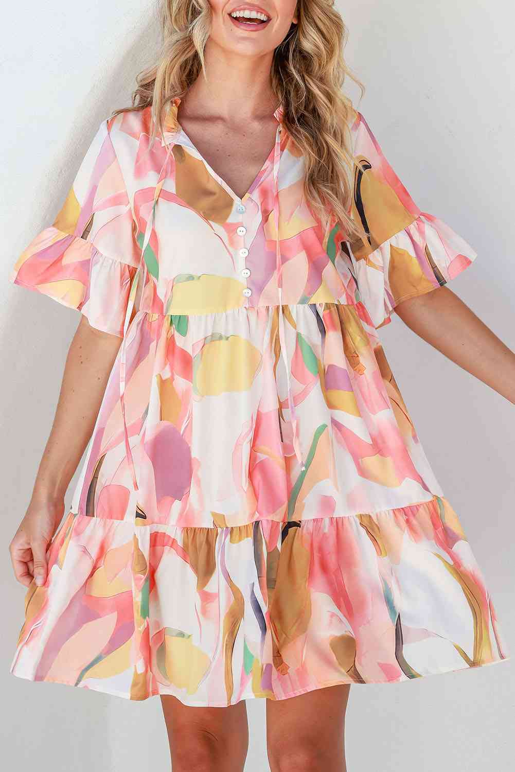 Product Image for Heidi-Mode | Schleifenhals Volantärmel Mini Kleid, Pfirsich / S