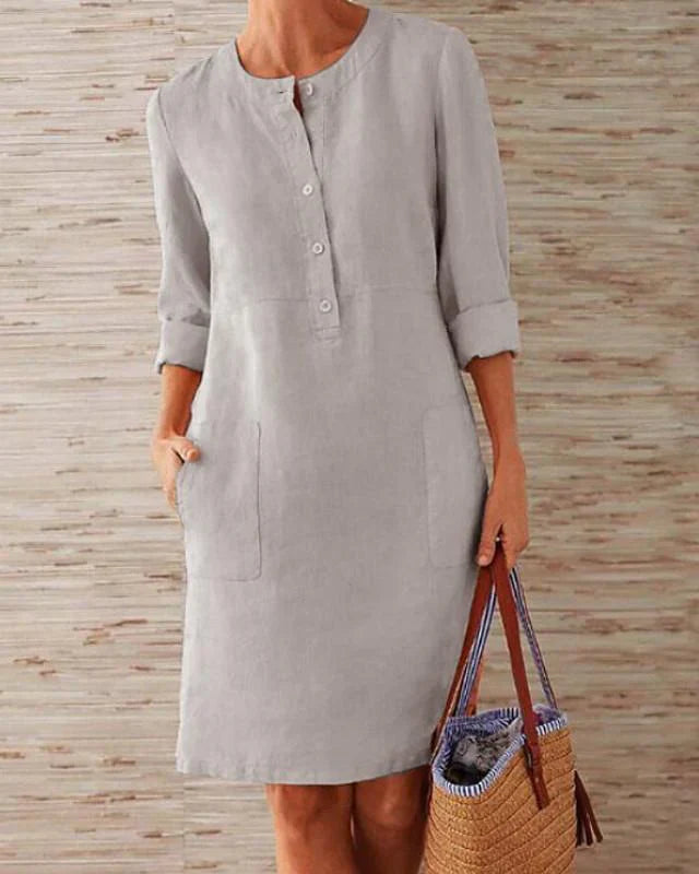Product Image for Alternatives Kleid für Damen. Knielanges Kleid – 3/4-Ärmel. Lässiges Kleid für den Urlaub, Sommer und Herbst, Grau / L