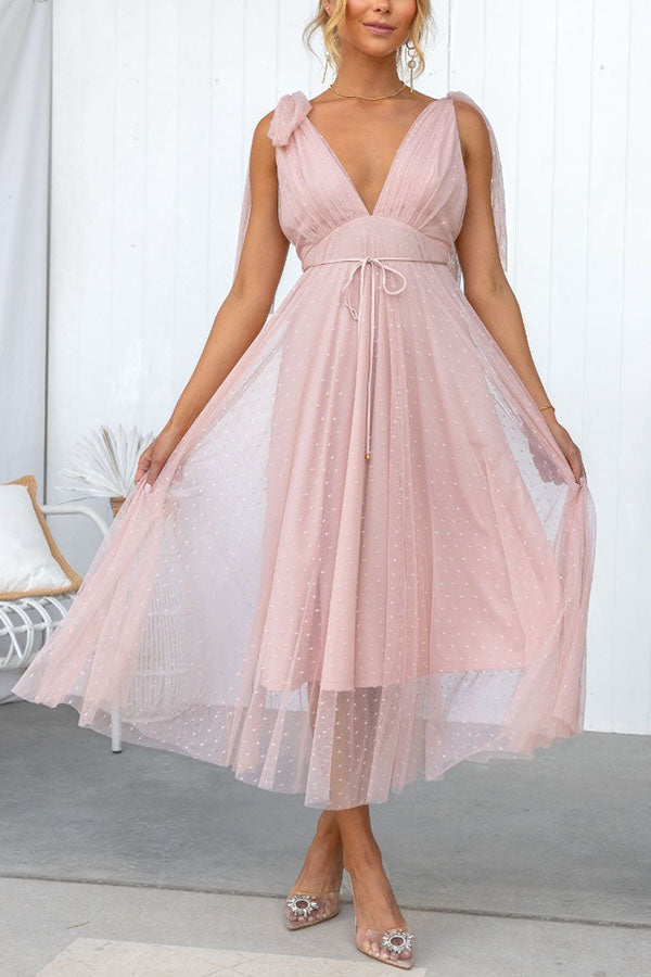 Product Image for Heidi-Mode | Sommer Cinderella Tüll Polka Dots Bindeschulter Midi Kleid, Rosa / M