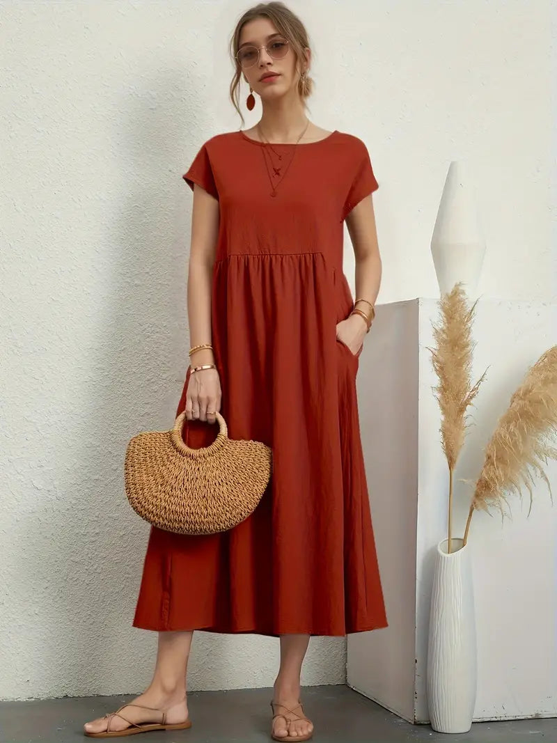 Product Image for – lässige, kurzärmlige sommerkleider mit rundhalsausschnitt und taille, Karminrot / 4XL