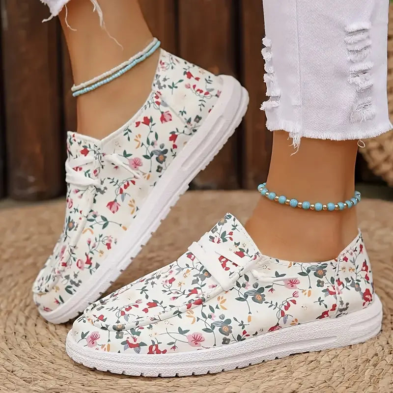Product Image for Heidi-Mode | Damen Floral Print Loafers, Leichte Flache Slip-On Walking Schuhe, Weiß / 36