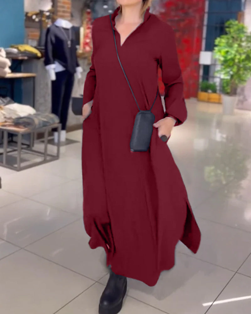 Product Image for Evia – Lockeres langes Kleid mit Revers und Seitenschlitz, Bordeauq / 2XL