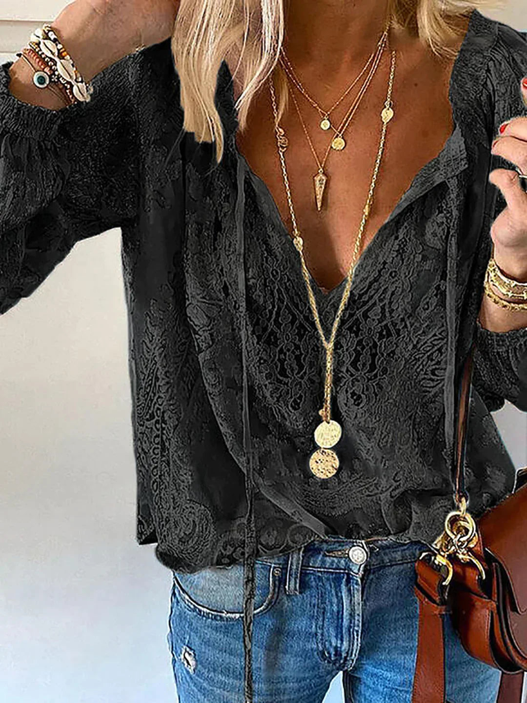 Product Image for Heidi-Mode | V-Ausschnitt Spitzen Chiffon Bluse, Schwarz / 3XL