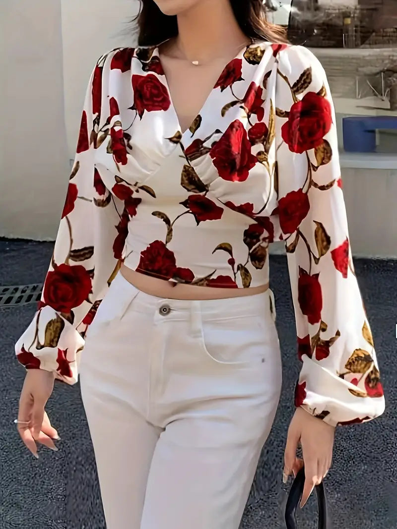 Product Image for blouse met V-hals en strik op de rug met rozenprint, L / Groen