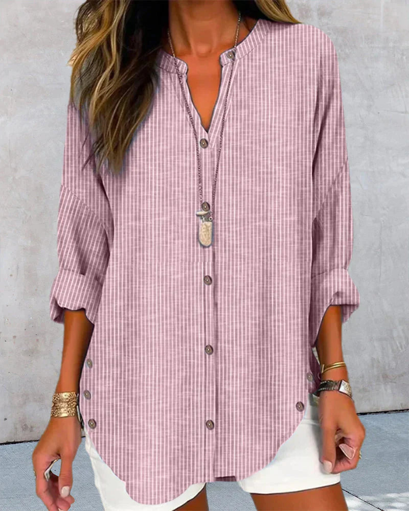 Product Image for Heidi-Mode | Italienisches Top mit V-Ausschnitt und feinen bedruckten Streifen, Helles Rosa / M