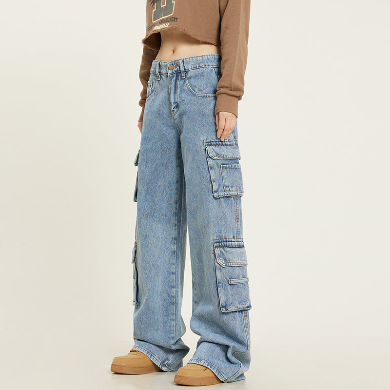 Product Image for Heidi-Mode | Retro Gewaschen Multifunktionstaschen Jeans Latzhose Gerade Entspannte Hose, Blau / 2XL