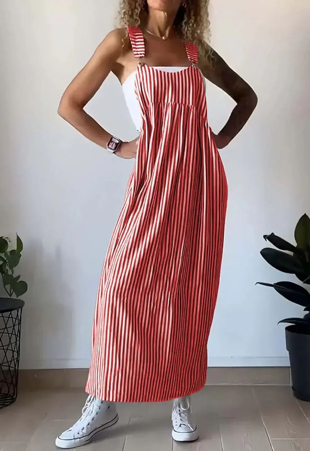 Product Image for leichte Latzkleid mit Streifen, Rot / 4XL