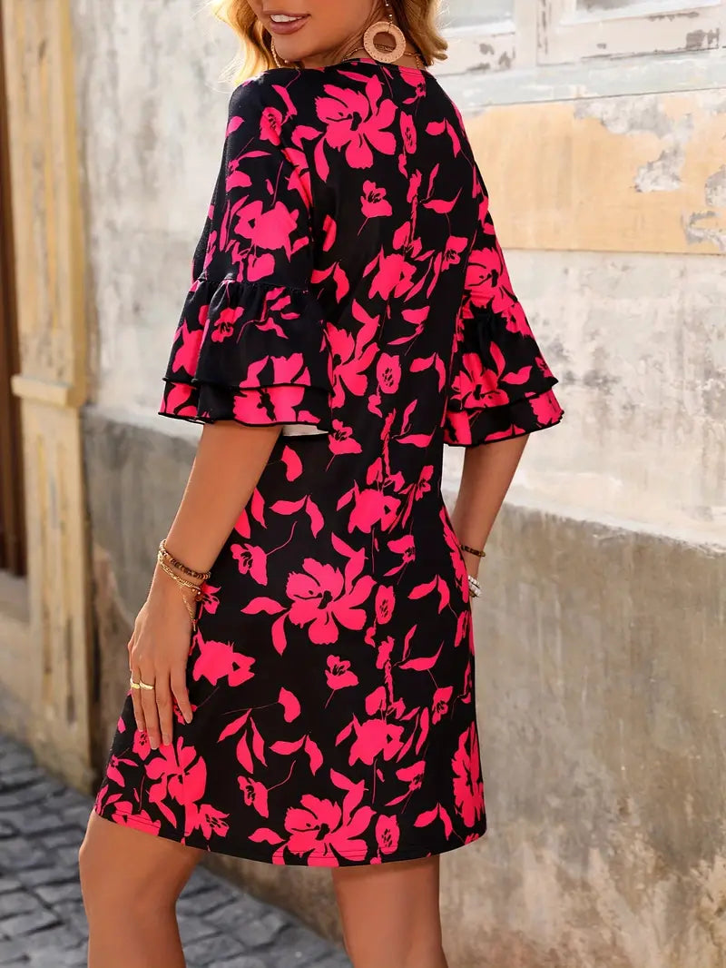Product Image for V-Ausschnitt Kleid mit rosa Blumenmuster | Martha, Schwarz/rosa / L