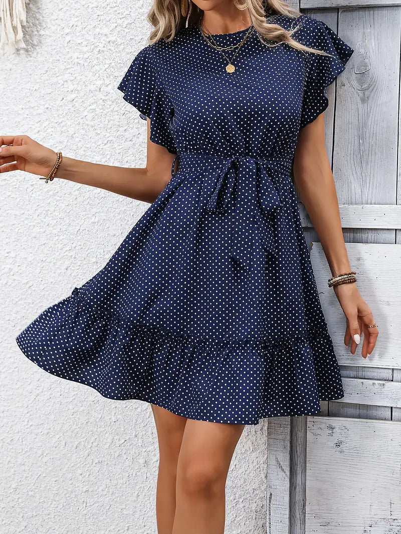 Product Image for Heidi-Mode | Dunkelblaues Midi Kleid Punkt Elegant Sommerkleid mit Schleife Taille, Dunkelblau / XL