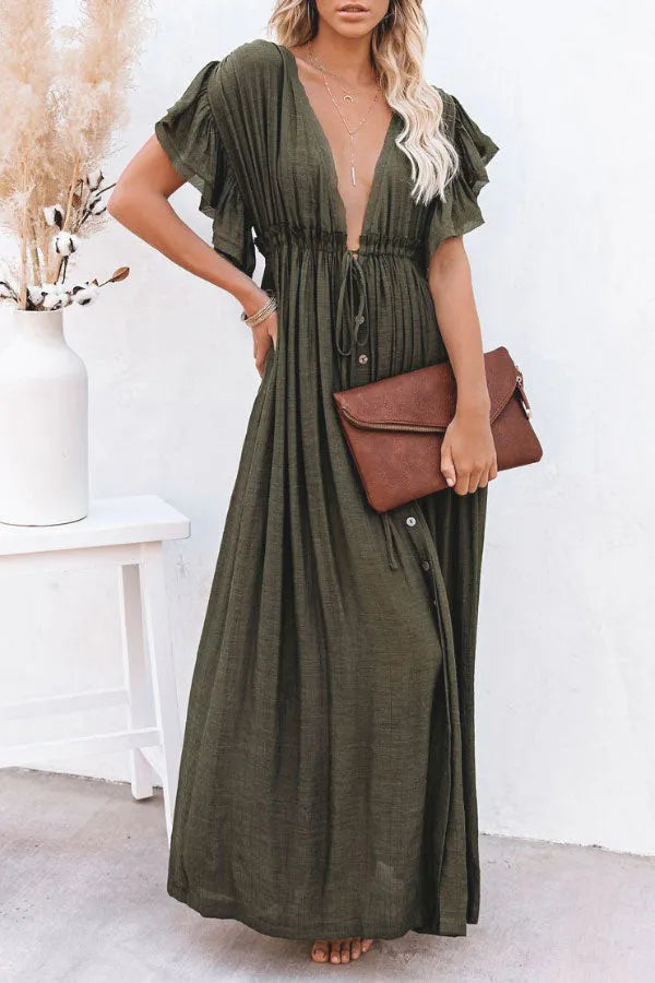 Product Image for Fairy Air-Kleid mit V-Ausschnitt und Rüschenärmeln, Armeegrün / Einheitsgröße