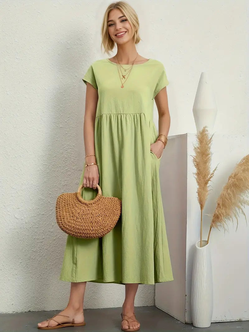 Product Image for – lässige, kurzärmlige sommerkleider mit rundhalsausschnitt und taille, Matcha-Farbe / XL