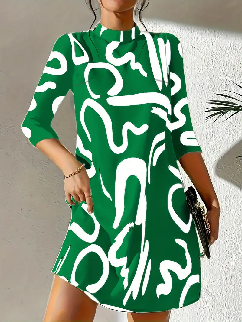 Product Image for Heidi-Mode | Schicke Schlichtheit Abstrakt Druck 3/4 Ärmel Mock Neck Kleid, Smaragdgrün / S