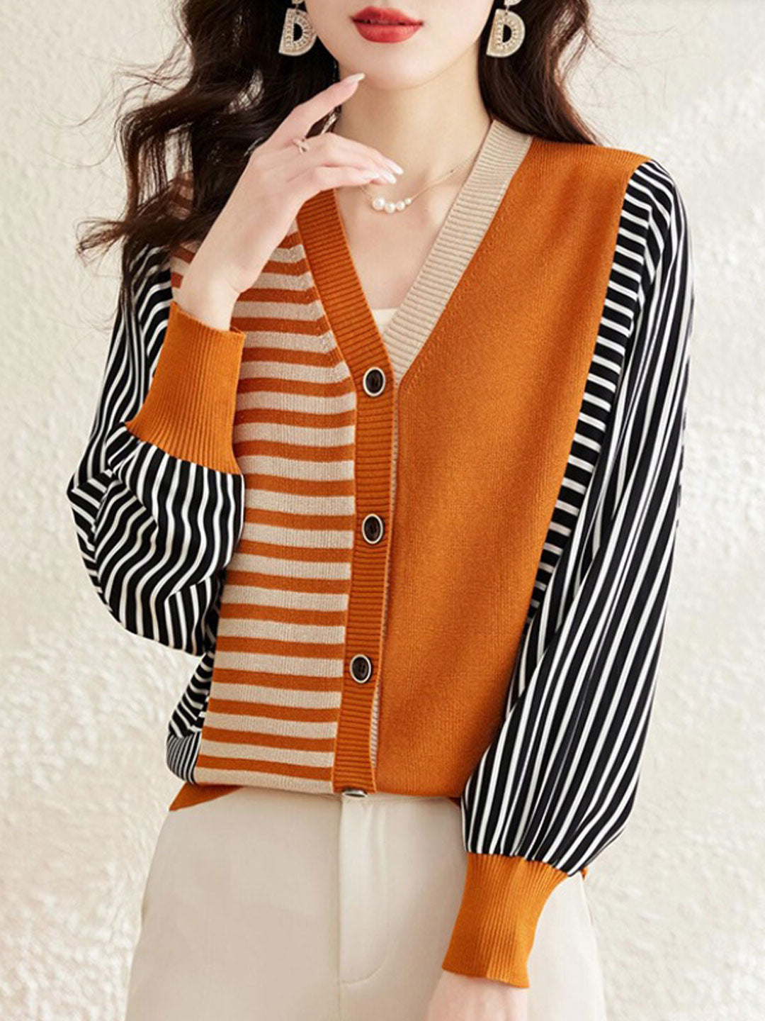 Product Image for Heidi-Mode | Weste Casual V-Ausschnitt Gestreifte Weste, Orange / XL