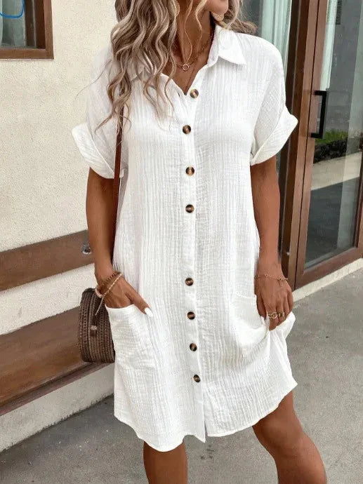Product Image for Damen Baumwolle Leinen Hemd Kleid Revers Kurzarm einreihig Kleid, Weiß / XL