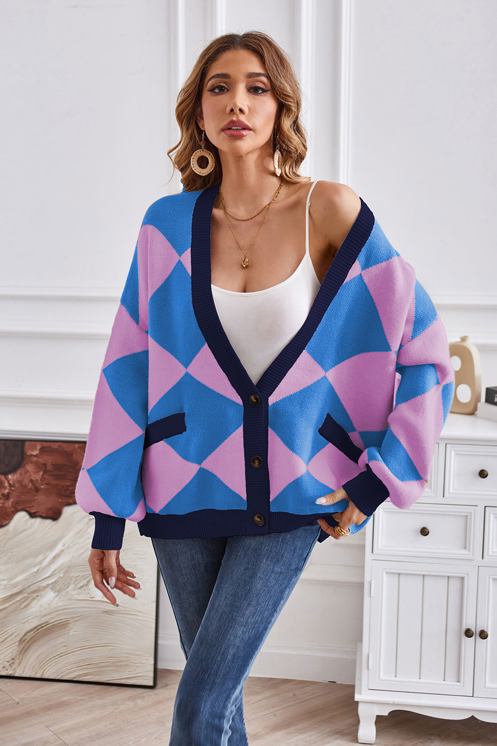 Product Image for Heidi-Mode | Geometrischer Laternenärmell Cardigan mit Taschen, Kobalt Blau / S
