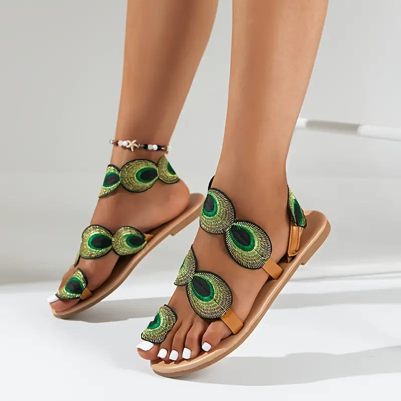 Product Image for Flache Damen-Sandalen mit Pfauenmuster, Grün / 39