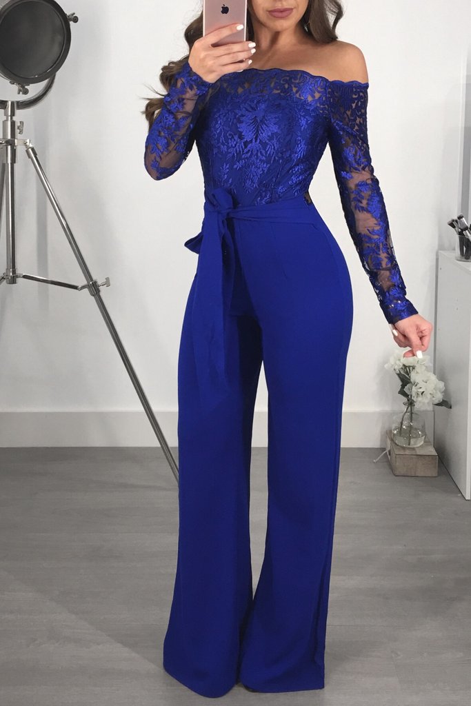 Product Image for Heidi-Mode | Spitze Off-Shoulder Slash-Hals Langarm Weite Bein Jumpsuits - Multi-Farben, blauer Jumpsuit / XL