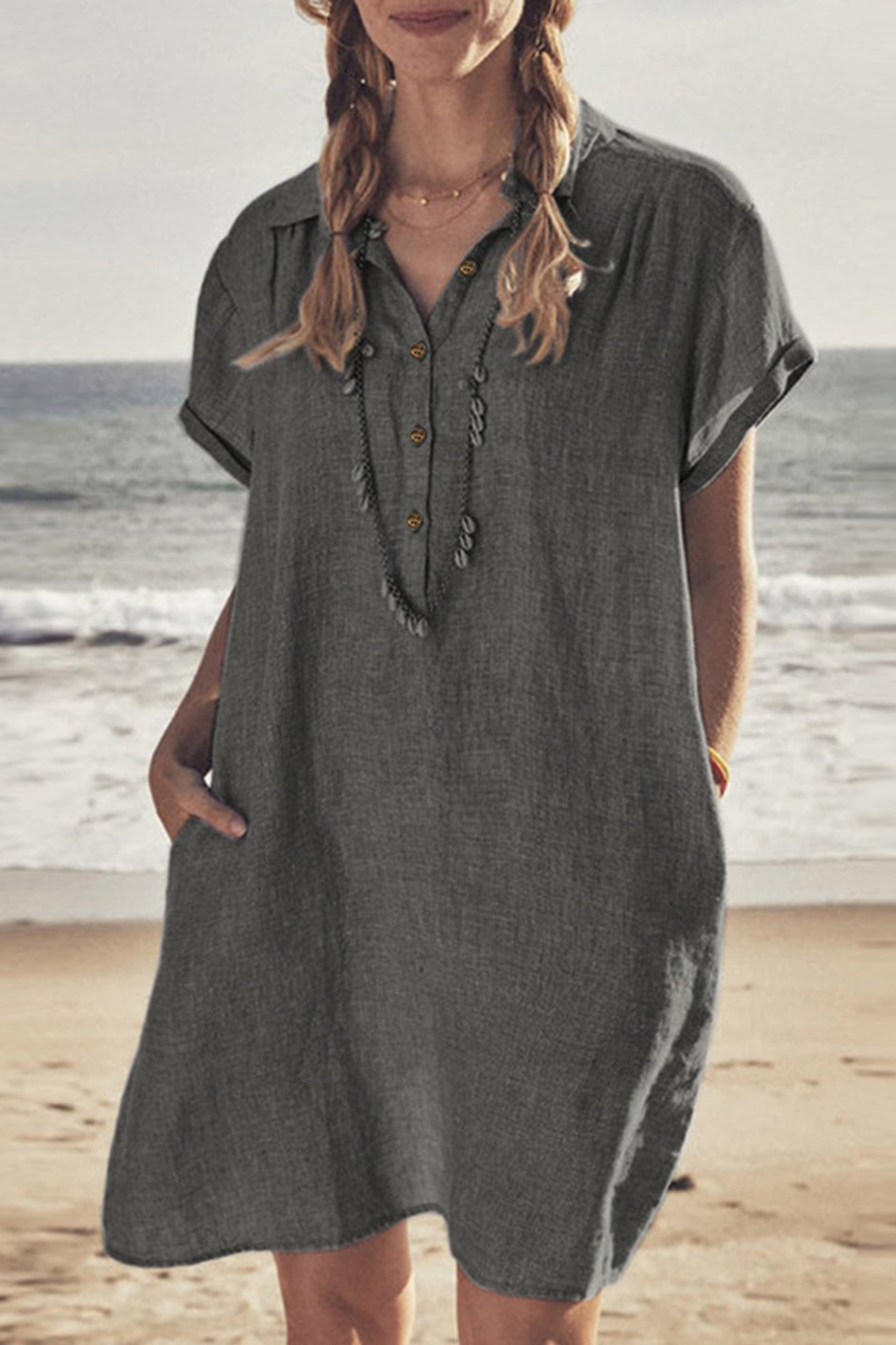 Product Image for Heidi-Mode | Knopf Unten Baumwoll Leinen Strandkleid, Grau / 4XL