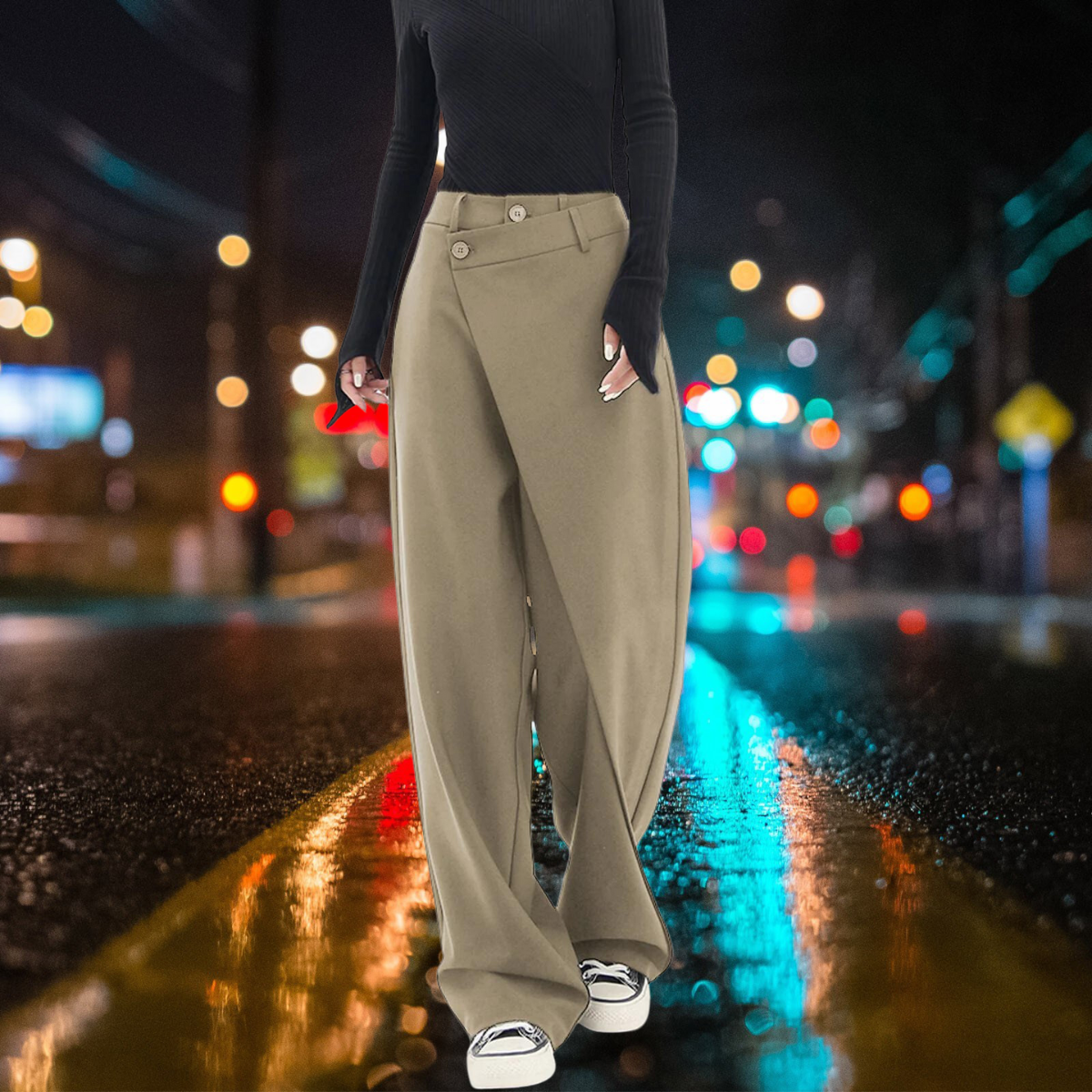 Product Image for Heidi-Mode | Asymmetrisches Lag Knopf Kleid Hosen mit Weiten Beinen, Khakifarben / S
