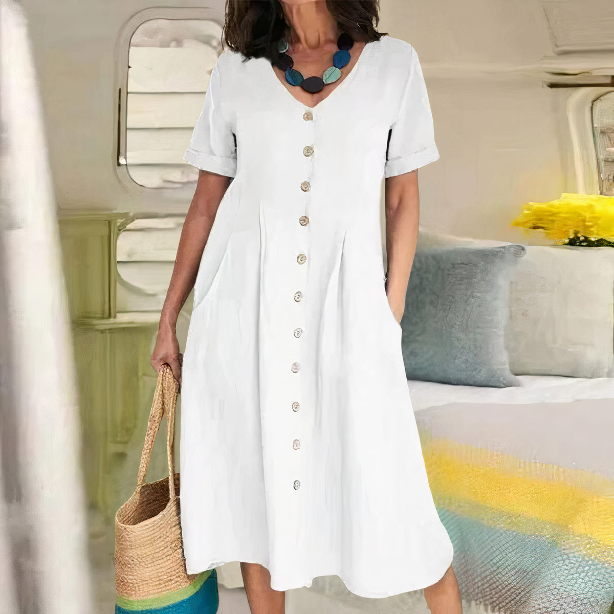 Product Image for Baumwolle Leinen Kleid, Weiß / M